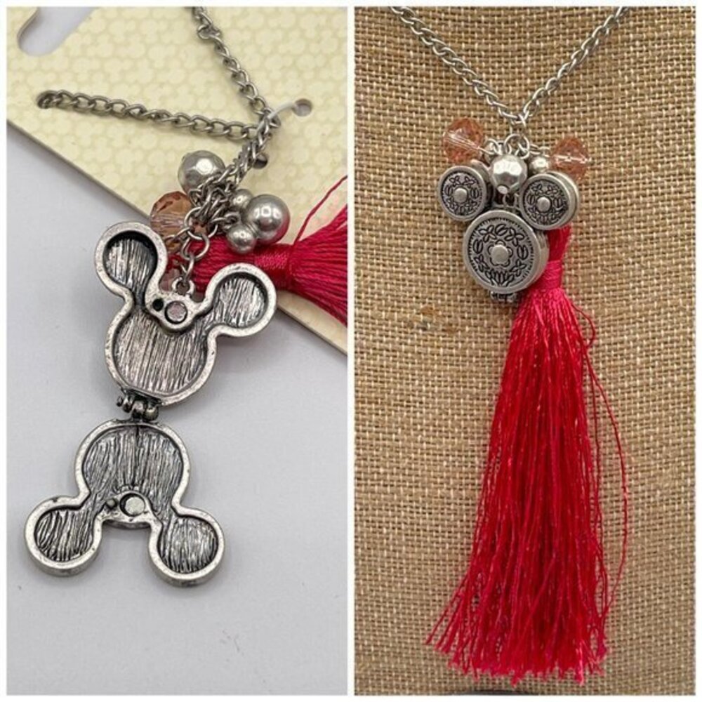 Disney Parks Silver Tone Mickey Locket with Pink Tassel Beads Necklace